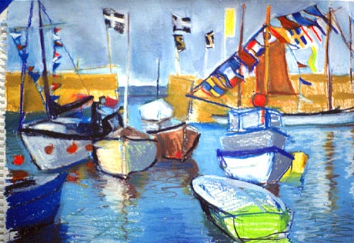 A Cornish harbour with fishing boats and flags.